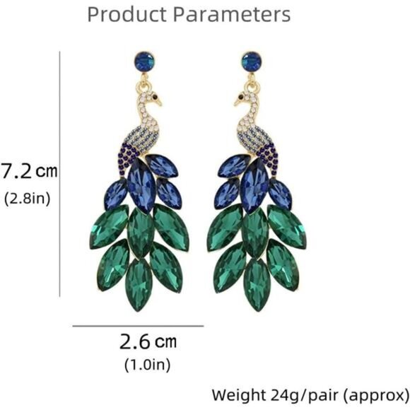 Peacock Dangle Earrings 14K Gold Plated Multicolors Crystal Feather - Picture 8 of 11
